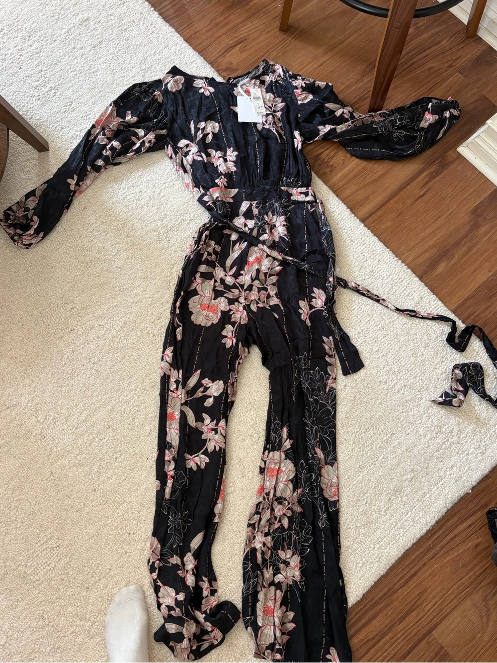 Anthropologie Harlyn Floral Black Wide-Leg Jumpsuit with Tie Waist